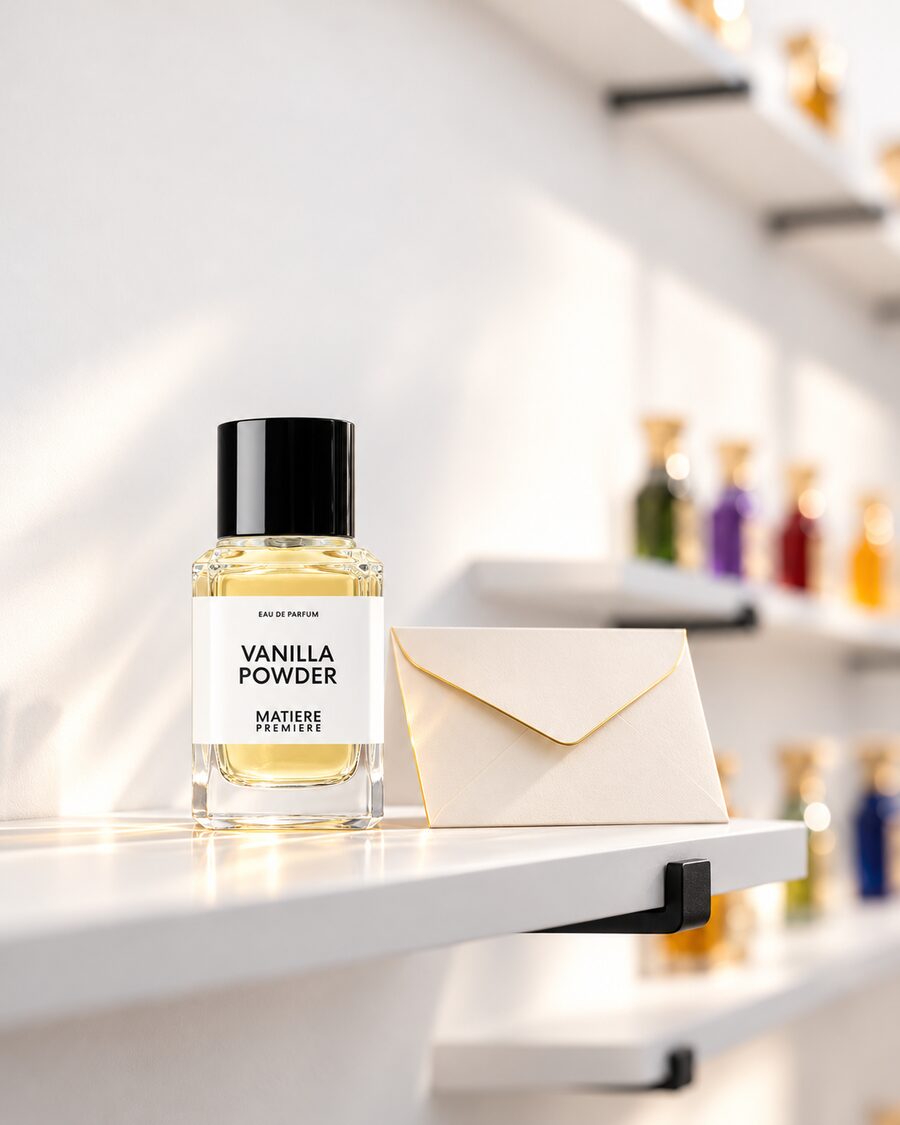 KI-generiertes Bild: Matiere Premiere Vanilla Powder neben einem Umschlag auf einem Regal