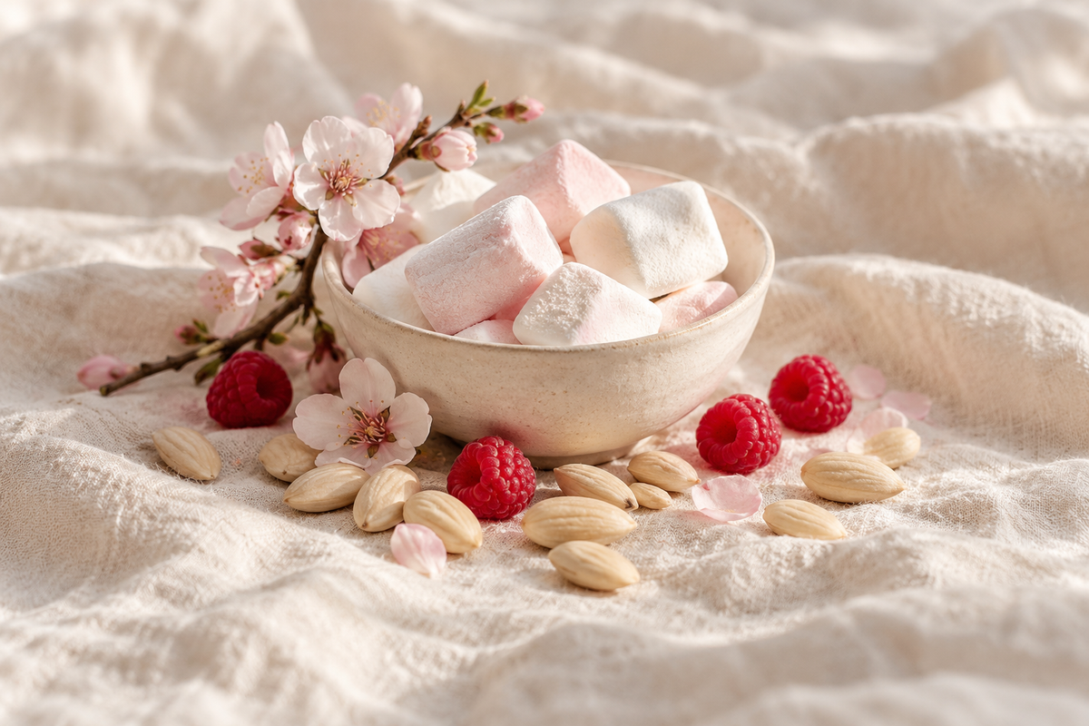 KI-generiertes Stimmungsbild: Mandeln, Marshmallows, Himbeeren und Mandelblüten auf hellem Leinen (KI)